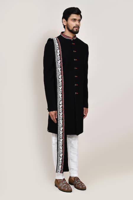 Shop_Arihant Rai Sinha_Black Embroidery Sherwani Set With White Pant _Online_at_Aza_Fashions