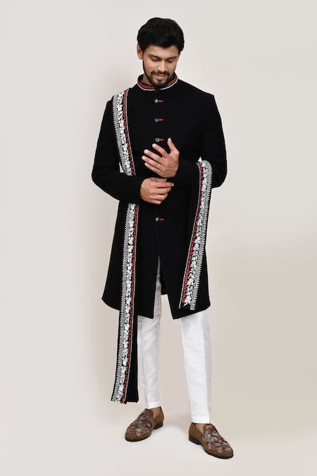 Arihant Rai Sinha_Black Embroidery Sherwani Set With White Pant _at_Aza_Fashions