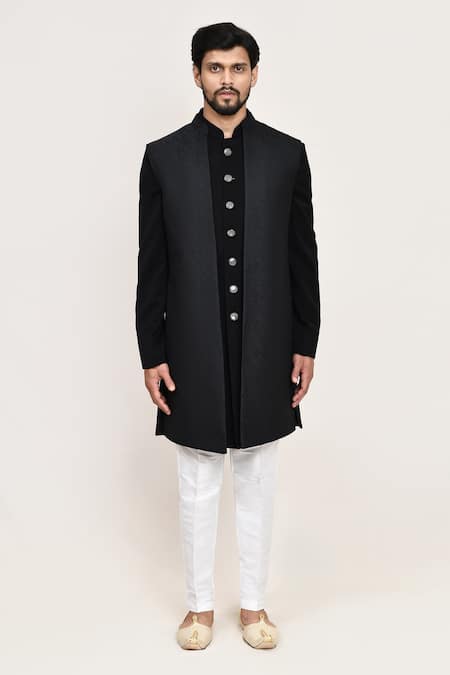 Buy_Arihant Rai Sinha_Gray Black Terry Rayon Sherwani Set With Jacket _Online_at_Aza_Fashions