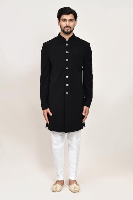 Shop_Arihant Rai Sinha_Gray Black Terry Rayon Sherwani Set With Jacket _Online_at_Aza_Fashions