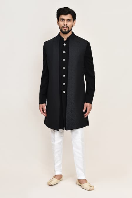 Arihant Rai Sinha_Gray Black Terry Rayon Sherwani Set With Jacket _at_Aza_Fashions