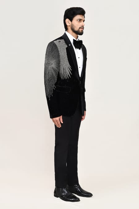 Buy_Arihant Rai Sinha_Black Velvet Embroidery Tuxedo Set _Online_at_Aza_Fashions