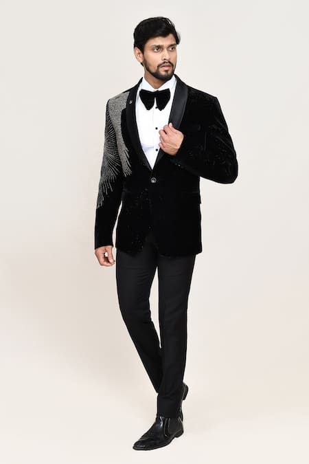 Shop_Arihant Rai Sinha_Black Velvet Embroidery Tuxedo Set _Online_at_Aza_Fashions