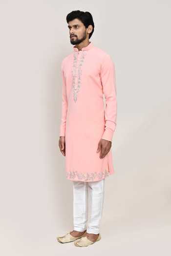Arihant Rai Sinha_Pink Embroidery Terry Rayon Kurta And White Pant Set _Online_at_Aza_Fashions