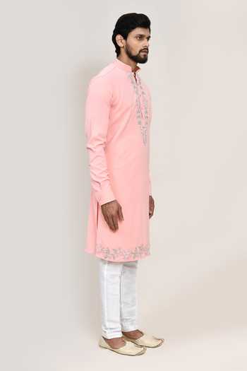 Buy_Arihant Rai Sinha_Pink Embroidery Terry Rayon Kurta And White Pant Set _Online_at_Aza_Fashions