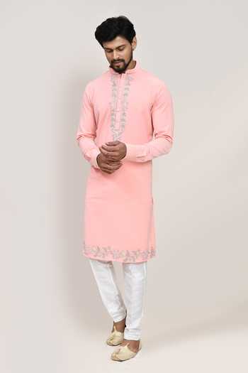 Shop_Arihant Rai Sinha_Pink Embroidery Terry Rayon Kurta And White Pant Set _Online_at_Aza_Fashions