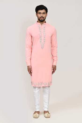 Buy_Arihant Rai Sinha_Pink Embroidery Terry Rayon Kurta And White Pant Set 