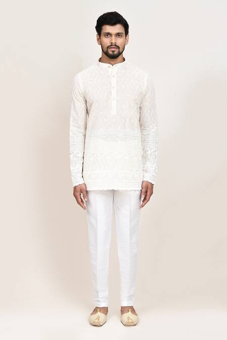 Shop_Arihant Rai Sinha_Cream Embroidery Thread Work Kurta And White Pant Set _Online_at_Aza_Fashions