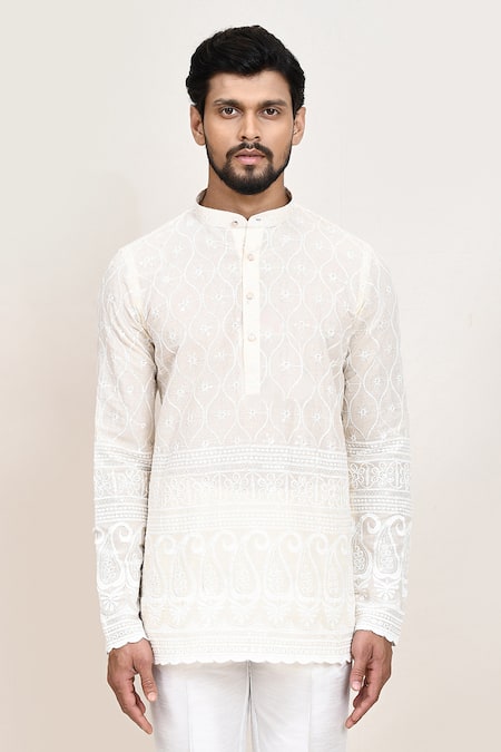 Shop_Arihant Rai Sinha_Cream Embroidery Thread Work Kurta And White Pant Set 