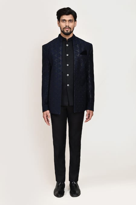 Arihant Rai Sinha_Blue Jacquard Bandhgala With Sleeveless Coat _Online_at_Aza_Fashions