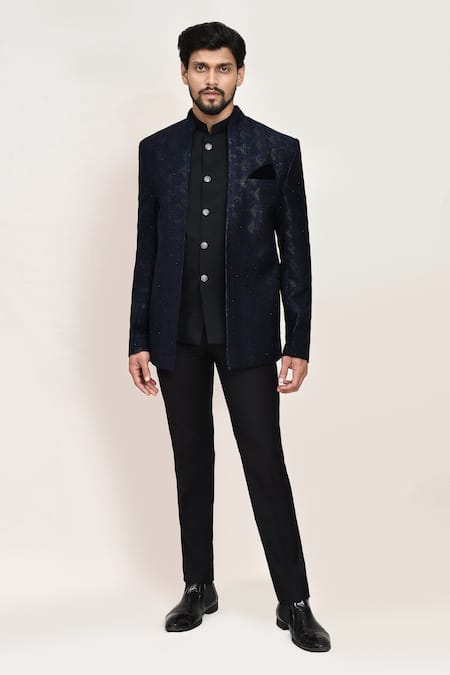 Arihant Rai Sinha Blue Jacquard Bandhgala with Sleeveless Coat 