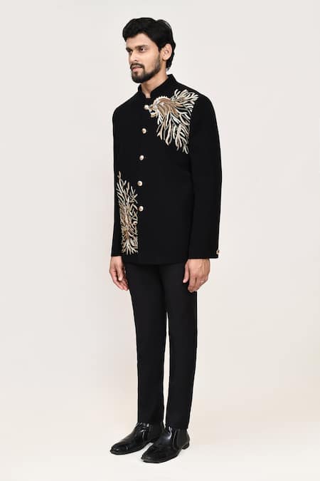 Arihant Rai Sinha_Black Lace, Terrycloth Embroidery Coat And Pant Set _Online_at_Aza_Fashions
