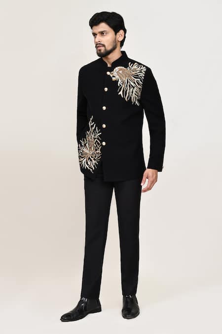 Buy_Arihant Rai Sinha_Black Lace, Terrycloth Embroidery Coat And Pant Set _Online_at_Aza_Fashions