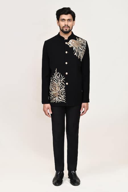 Shop_Arihant Rai Sinha_Black Lace, Terrycloth Embroidery Coat And Pant Set _Online_at_Aza_Fashions