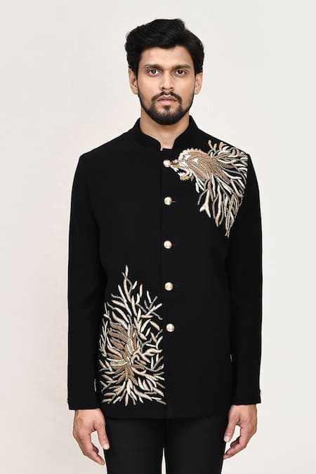 Arihant Rai Sinha_Black Lace, Terrycloth Embroidery Coat And Pant Set _at_Aza_Fashions