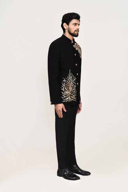 Buy_Arihant Rai Sinha_Black Lace, Terrycloth Embroidery Coat And Pant Set 