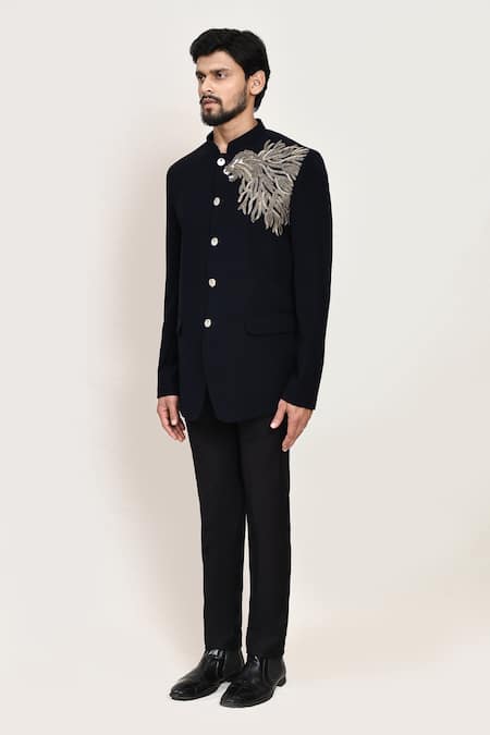Shop_Arihant Rai Sinha_Navy Embroidery Blue Coat And Black Pant _Online_at_Aza_Fashions