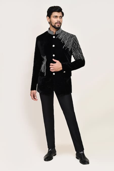 Buy_Arihant Rai Sinha_Black Velvet Embroidery Embellished Coat And Pant Set _Online_at_Aza_Fashions