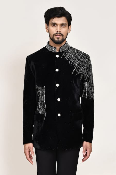 Buy_Arihant Rai Sinha_Black Velvet Embroidery Embellished Coat And Pant Set 
