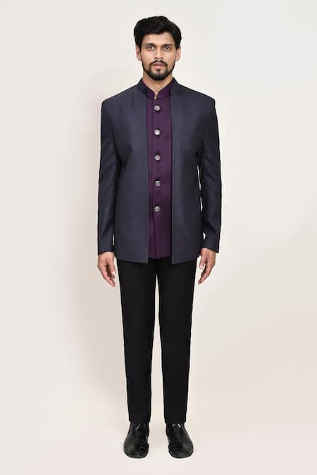 Shop_Arihant Rai Sinha_Blue Jacquard Bandhgala With Sleeveless Coat _Online_at_Aza_Fashions