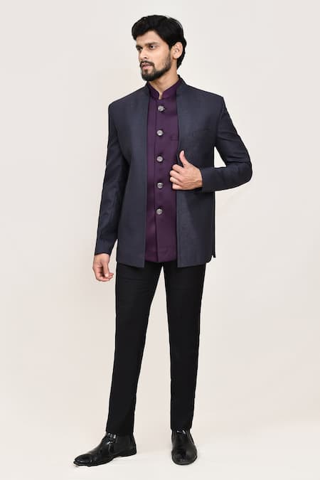 Arihant Rai Sinha_Blue Jacquard Bandhgala With Sleeveless Coat _at_Aza_Fashions