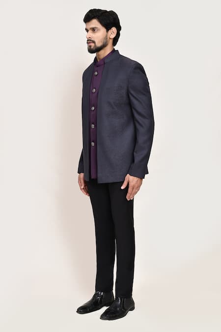 Buy_Arihant Rai Sinha_Blue Jacquard Bandhgala With Sleeveless Coat 