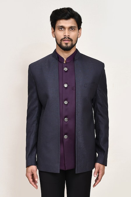 Shop_Arihant Rai Sinha_Blue Jacquard Bandhgala With Sleeveless Coat 