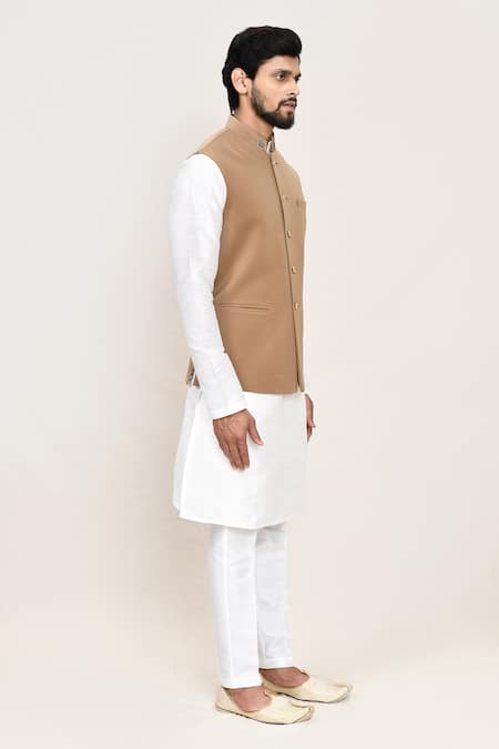 Shop_Arihant Rai Sinha_Brown Chikoo Nehru Jacket With White Kurta And Pant _Online_at_Aza_Fashions