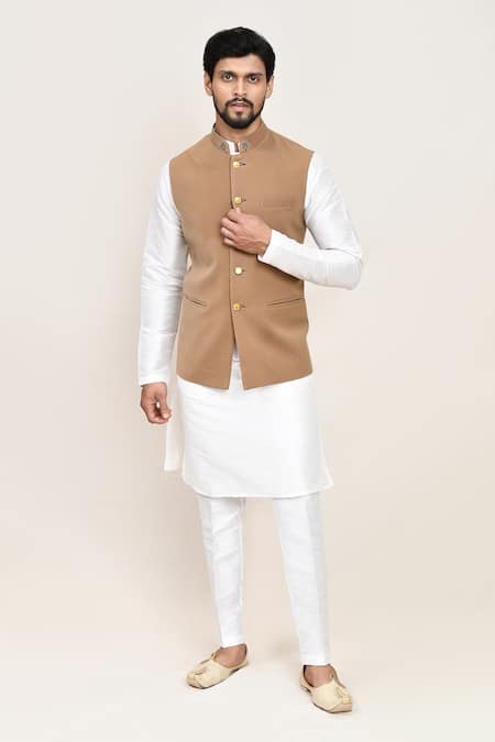 Arihant Rai Sinha Chikoo Nehru Jacket with White Kurta & Pant 
