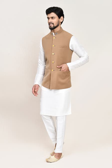 Shop_Arihant Rai Sinha_Brown Chikoo Nehru Jacket With White Kurta And Pant 