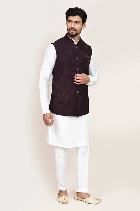 Arihant Rai Sinha_Wine Cut Work Jacquard Nehru Jacket Set _at_Aza_Fashions