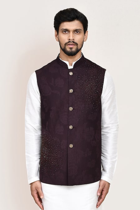 Buy_Arihant Rai Sinha_Wine Cut Work Jacquard Nehru Jacket Set 