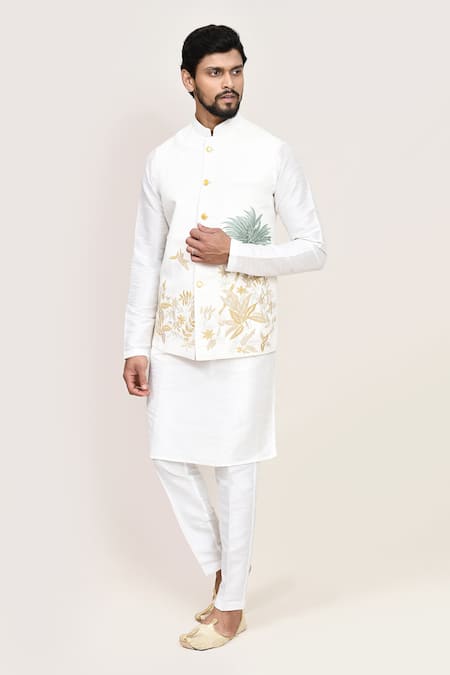 Buy_Arihant Rai Sinha_White Embroidery Art Silk Kurta Set _Online_at_Aza_Fashions