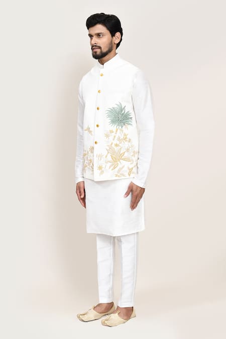 Shop_Arihant Rai Sinha_White Embroidery Art Silk Kurta Set _Online_at_Aza_Fashions