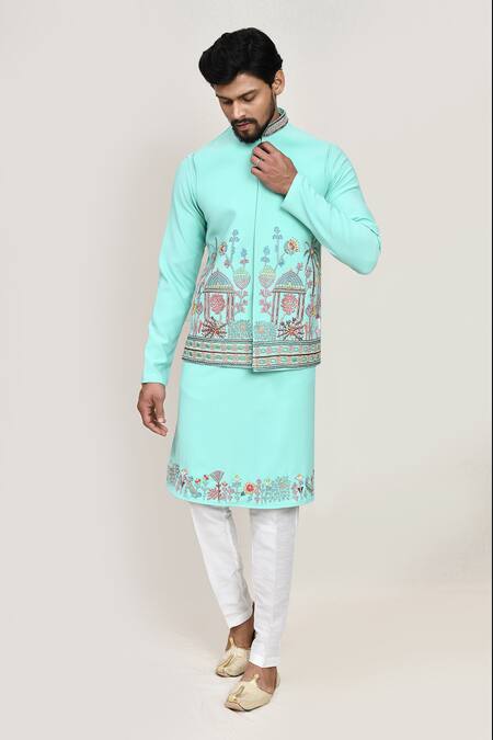 Shop_Arihant Rai Sinha_Green Embroidery Sea Nehru Jacket Kurta Set _Online_at_Aza_Fashions