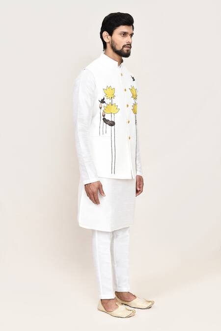 Buy_Arihant Rai Sinha_White Linen, Wool Embroidery Art Silk Nehru Jacket Set _Online_at_Aza_Fashions