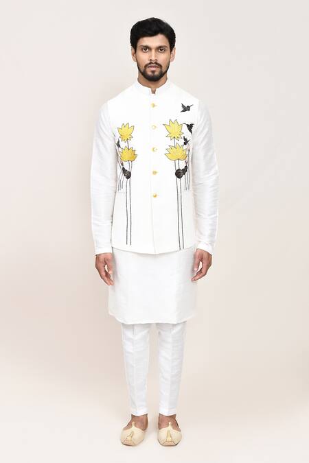 Shop_Arihant Rai Sinha_White Linen, Wool Embroidery Art Silk Nehru Jacket Set _Online_at_Aza_Fashions