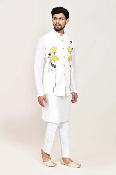 Arihant Rai Sinha_White Linen, Wool Embroidery Art Silk Nehru Jacket Set _at_Aza_Fashions