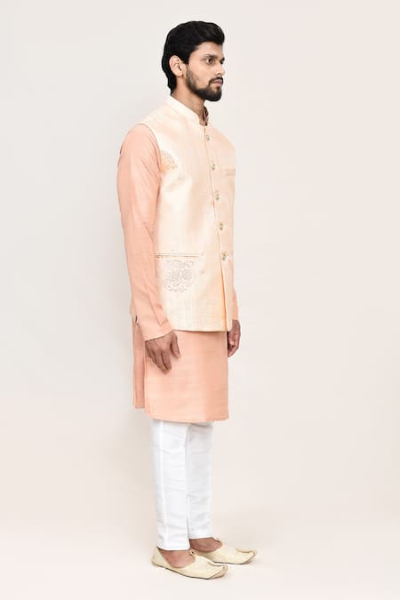 Arihant Rai Sinha_Gold Embroidery Peach Art Silk Nehru Jacket Set _Online_at_Aza_Fashions
