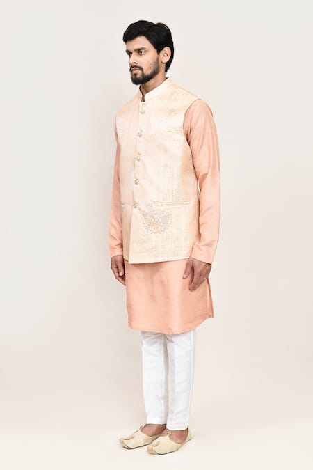 Buy_Arihant Rai Sinha_Gold Embroidery Peach Art Silk Nehru Jacket Set _Online_at_Aza_Fashions