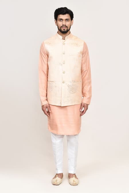 Shop_Arihant Rai Sinha_Gold Embroidery Peach Art Silk Nehru Jacket Set _Online_at_Aza_Fashions