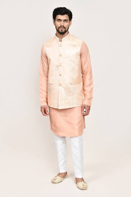 Shop_Arihant Rai Sinha_Gold Embroidery Peach Art Silk Nehru Jacket Set 