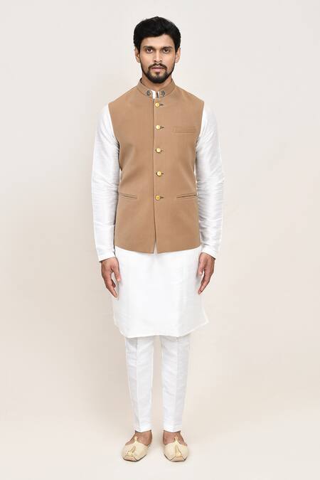 Arihant Rai Sinha_Brown Chiku Terry Rayon Nehru Jacket _at_Aza_Fashions