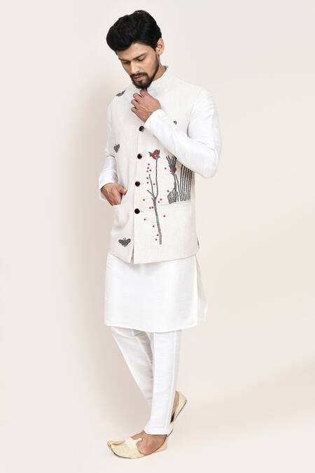 Shop_Arihant Rai Sinha_Off White Cotton Embroidery Nehru Jacket _Online_at_Aza_Fashions