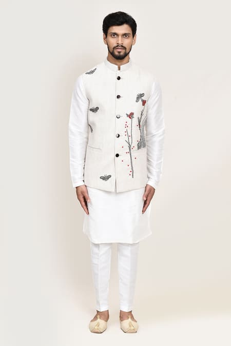 Arihant Rai Sinha_Off White Cotton Embroidery Nehru Jacket _at_Aza_Fashions
