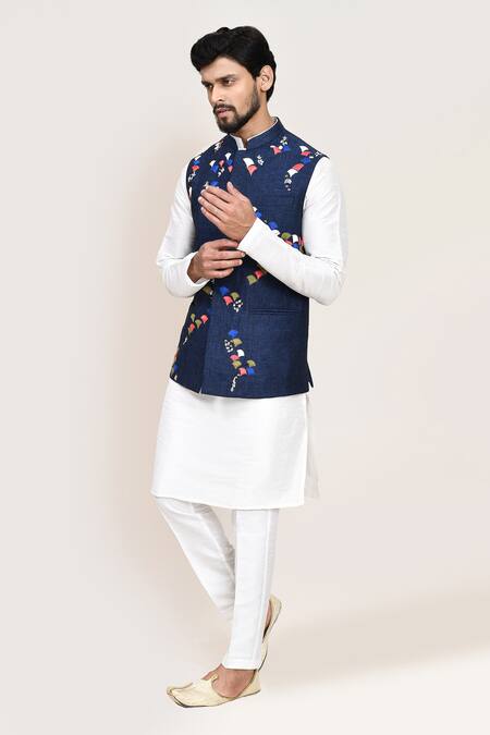 Arihant Rai Sinha_Blue Cotton Embroidery Thread Work Nehru Jacket _Online_at_Aza_Fashions