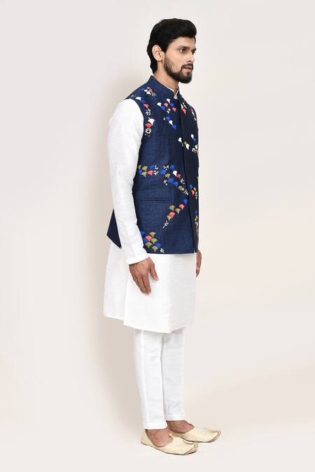 Buy_Arihant Rai Sinha_Blue Cotton Embroidery Thread Work Nehru Jacket _Online_at_Aza_Fashions