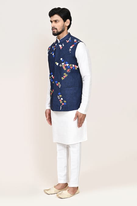 Shop_Arihant Rai Sinha_Blue Cotton Embroidery Thread Work Nehru Jacket _Online_at_Aza_Fashions