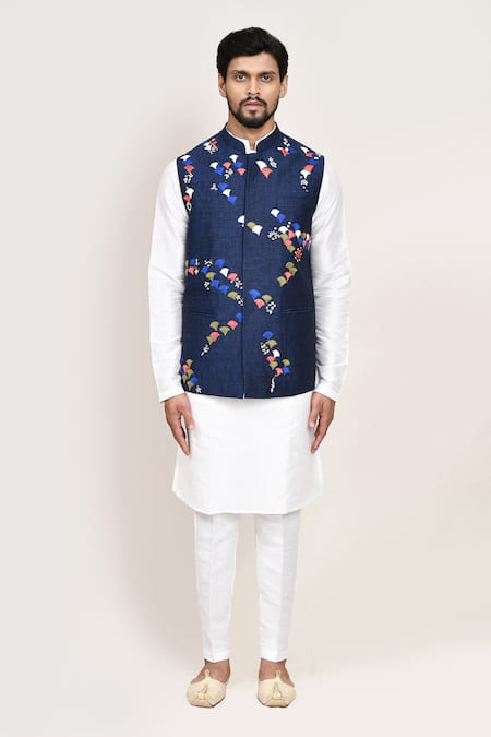 Arihant Rai Sinha_Blue Cotton Embroidery Thread Work Nehru Jacket _at_Aza_Fashions