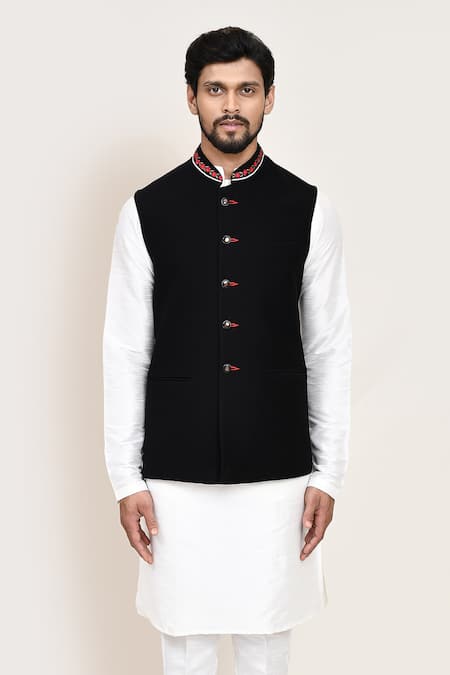 Arihant Rai Sinha Black Imported Jacquard Nehru Jacket 